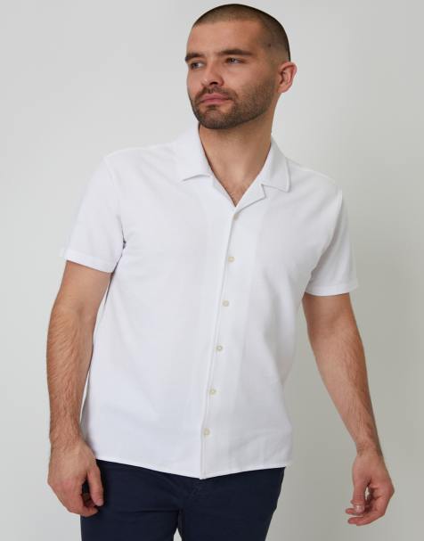 Threadbare Cotton pique revere collar short sleeve shirt in white