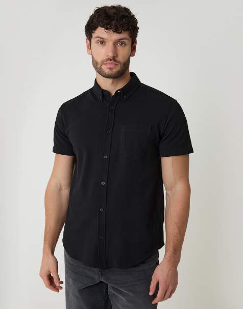 Threadbare Cotton pique short sleeve shirt in black - view 1