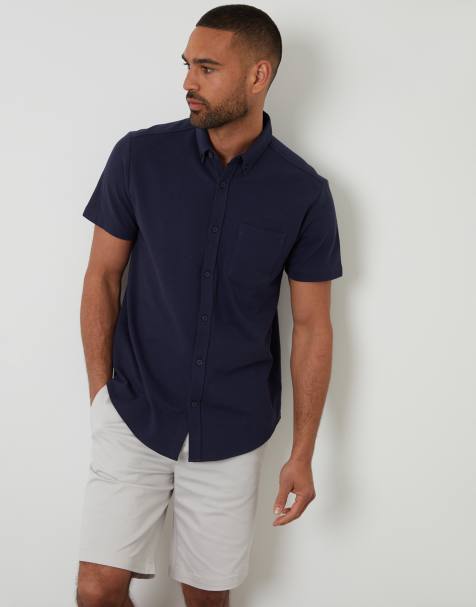 Threadbare Cotton pique short sleeve shirt in navy - view 1