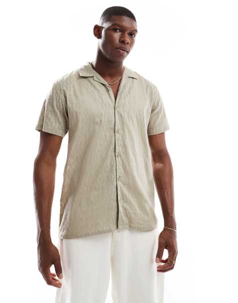Threadbare Cotton pluck textured short sleeve shirt in stone - view 1