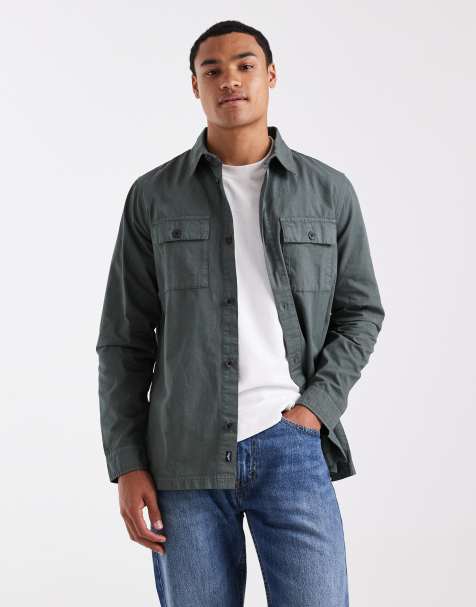 Threadbare cotton poplin button down shacket in dark green - view 1
