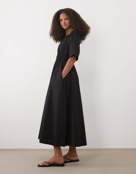 Threadbare cotton poplin short sleeve midi dress in black - view 1