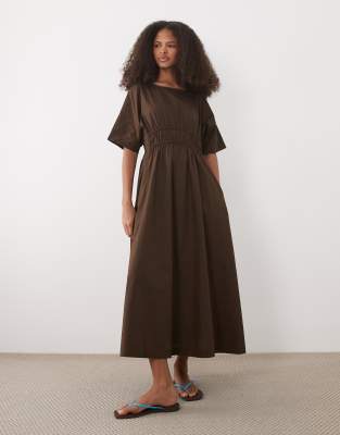Threadbare cotton poplin short sleeve midi dress in chocolate brown chocolate brown 12190₽
