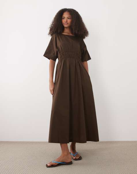 Threadbare cotton poplin short sleeve midi dress in chocolate brown - view 1