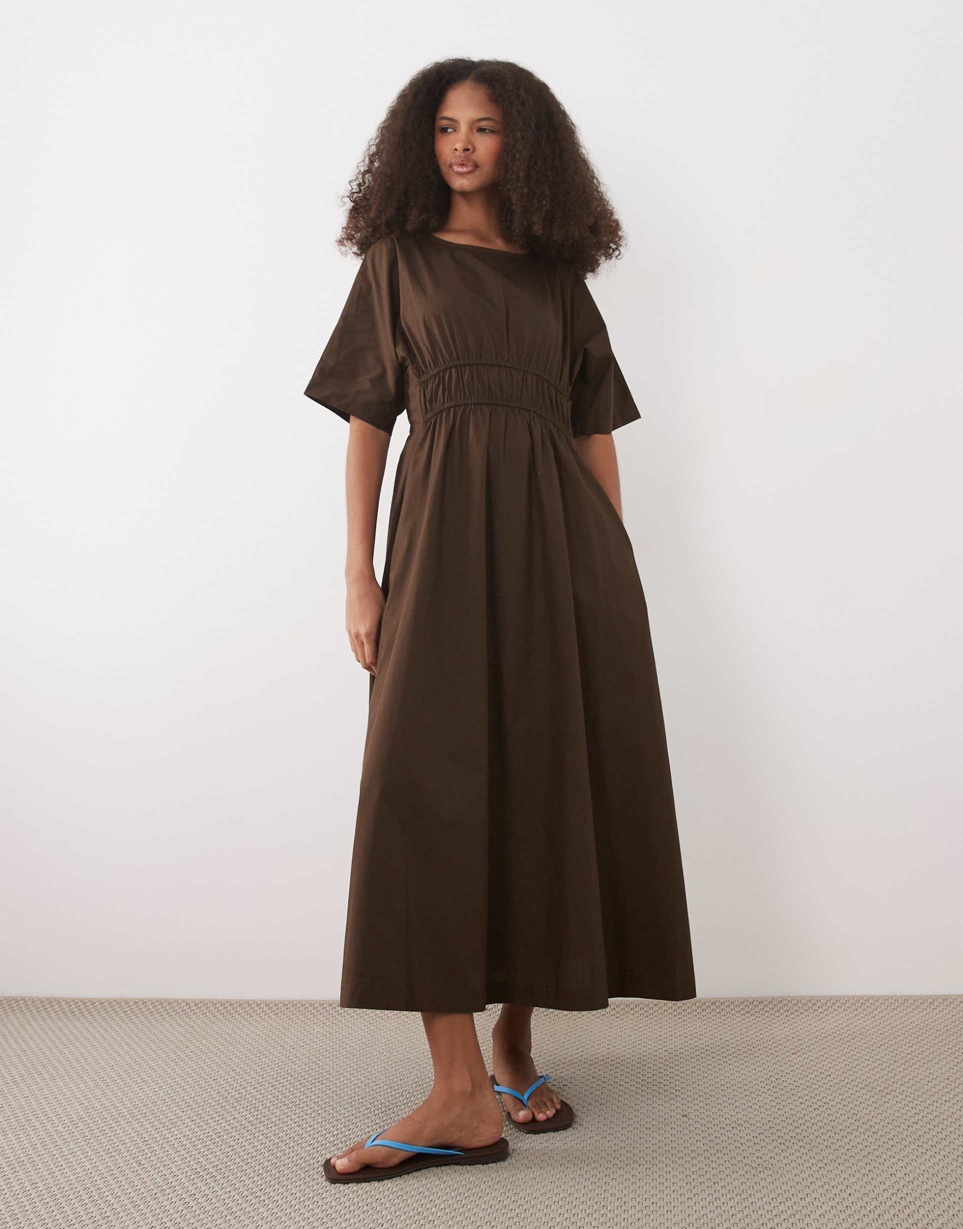 threadbare cotton poplin short sleeve midi dress in chocolate brown