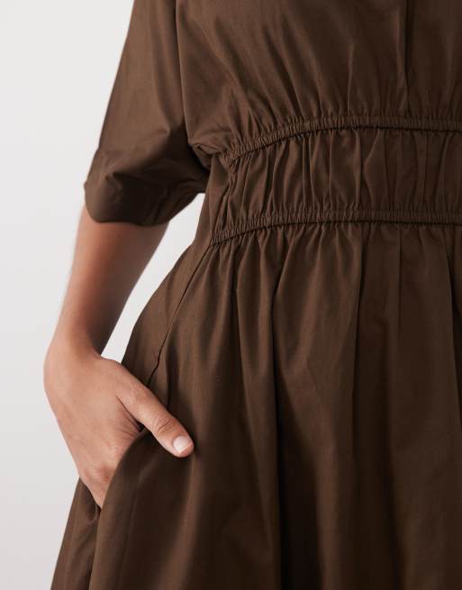 Threadbare cotton poplin short sleeve midi dress in chocolate brown | ASOS