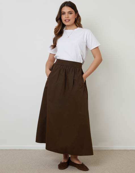 Threadbare Cotton poplin skirt with pockets in chocolate