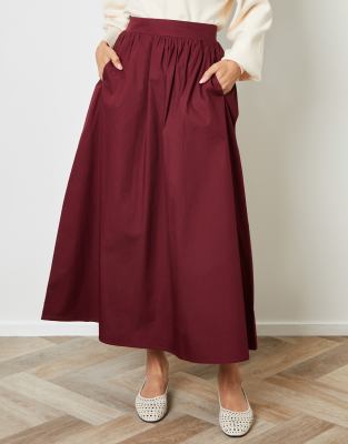 Threadbare Cotton Poplin Skirt With Pockets In Red