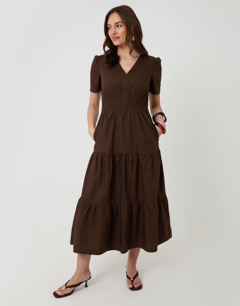 Threadbare Cotton poplin tiered midaxi dress in chocolate