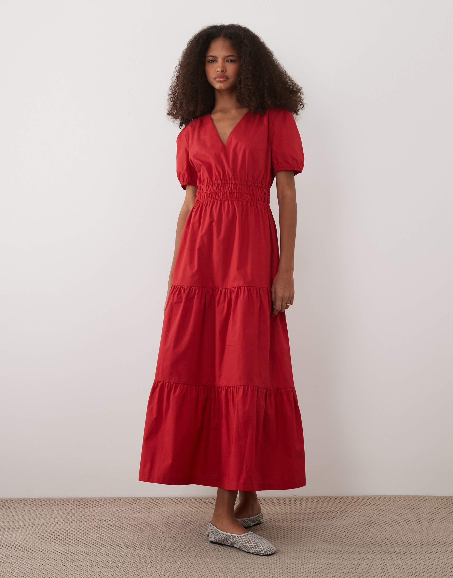 threadbare cotton poplin v-neck puff sleeve tiered midi dress in red