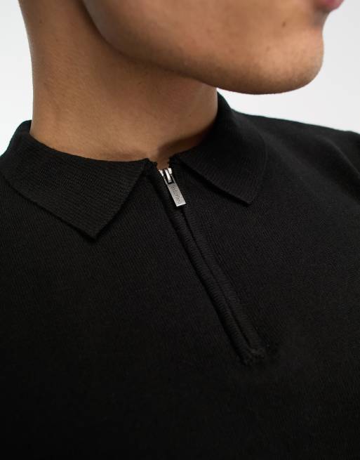 QUARTER ZIP KNIT POLO - Black