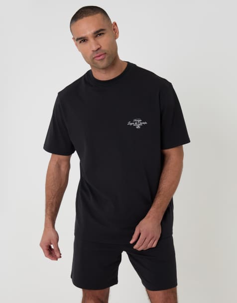 Threadbare Cotton relaxed fit graphic print short lounge set in black - view 1