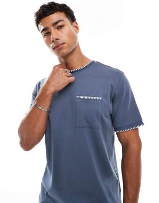 Threadbare Threadbare cotton rich 200 GSM t-shirt with white piping detail in blue