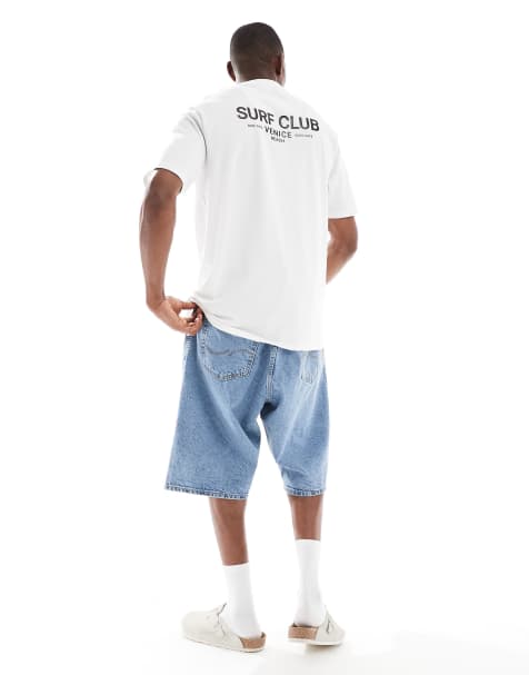 Threadbare cotton rich 220 GSM crew neck t-shirt with surf back print in white - view 1