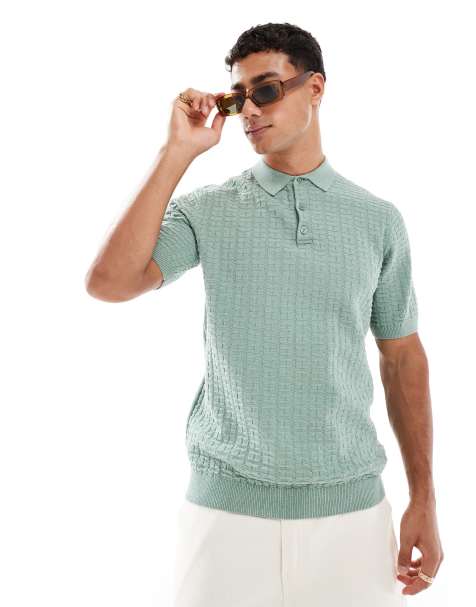Threadbare cotton-rich crochet knit short sleeve polo top in sage green - view 1