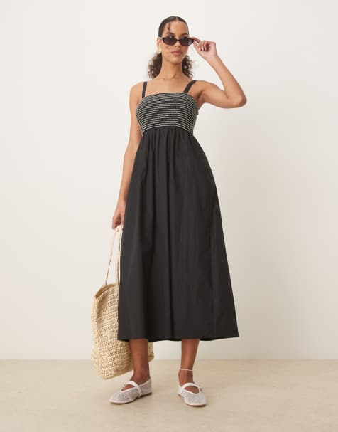 Threadbare cotton rich maxi dress with contrast shirring in black - view 1