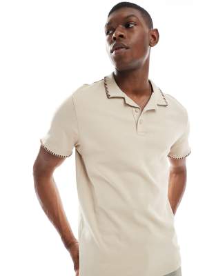 Threadbare Threadbare cotton rich polo top in stone-Neutral