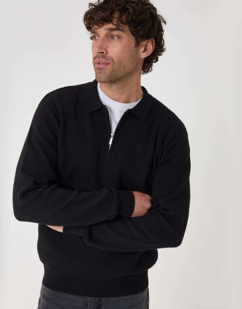 Threadbare Cotton rich quarter zip long sleeve polo in black