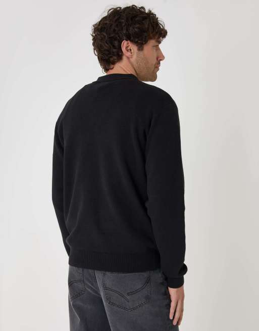 Threadbare Cotton rich quarter zip long sleeve polo in black, 2 of 4