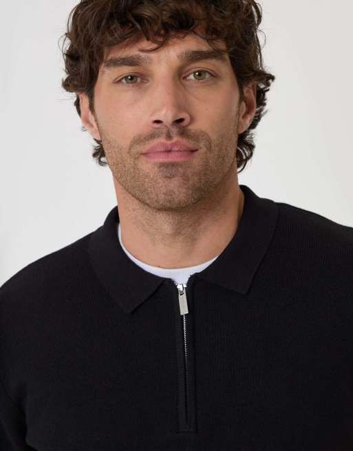 Threadbare Cotton rich quarter zip long sleeve polo in black, 3 of 4