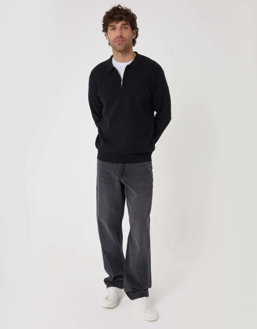 Threadbare Cotton rich quarter zip long sleeve polo in black, 4 of 4