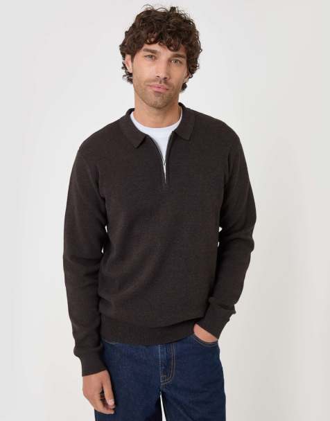 Threadbare Cotton rich quarter zip long sleeve polo in chocolate brown