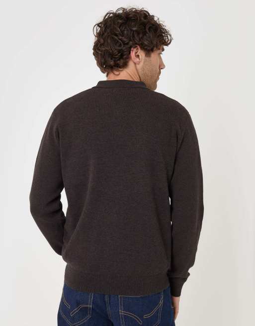 Threadbare Cotton rich quarter zip long sleeve polo in chocolate brown, 2 of 4