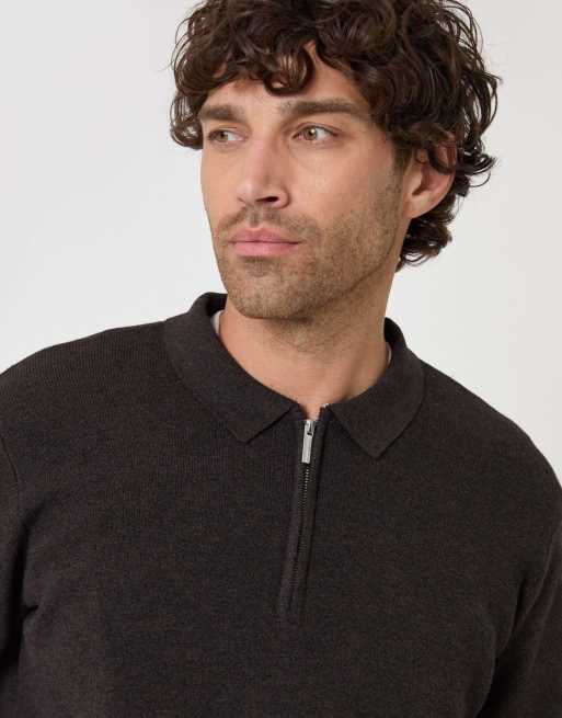 Threadbare Cotton rich quarter zip long sleeve polo in chocolate brown, 3 of 4