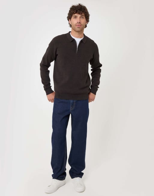 Threadbare Cotton rich quarter zip long sleeve polo in chocolate brown, 4 of 4