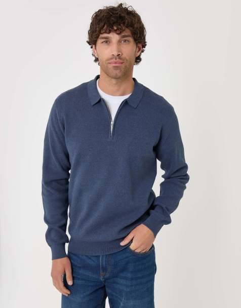 Threadbare Cotton rich quarter zip long sleeve polo in denim blue - view 1