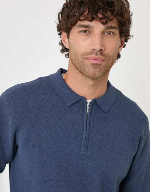 Threadbare Cotton rich quarter zip long sleeve polo in denim blue, 3 of 4