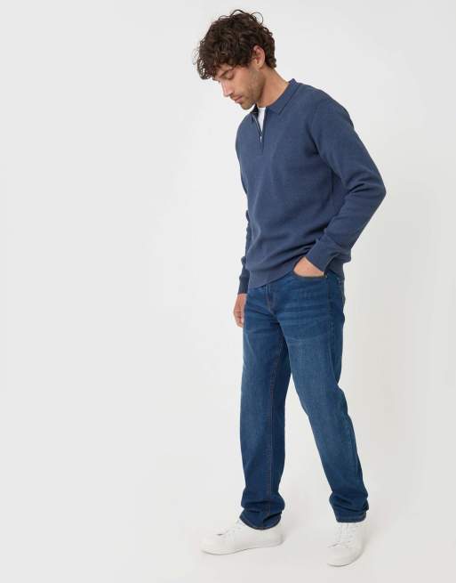 Threadbare Cotton rich quarter zip long sleeve polo in denim blue, 4 of 4