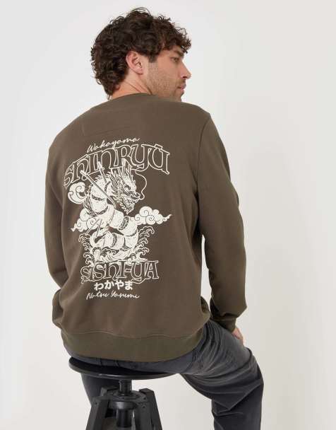 Threadbare Cotton rich shinryu print crew neck sweatshirt in khaki - view 1