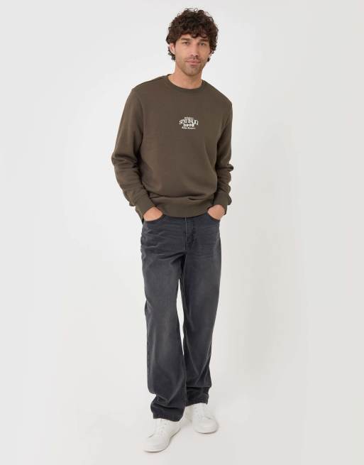Threadbare Cotton rich shinryu print crew neck sweatshirt in khaki, 3 of 5