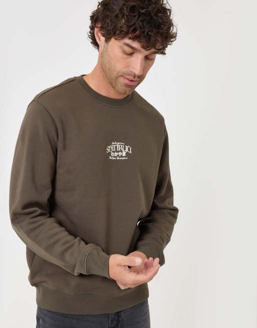 Threadbare Cotton rich shinryu print crew neck sweatshirt in khaki, 4 of 5