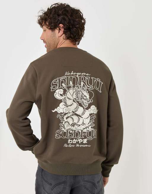 Threadbare Cotton rich shinryu print crew neck sweatshirt in khaki, 5 of 5
