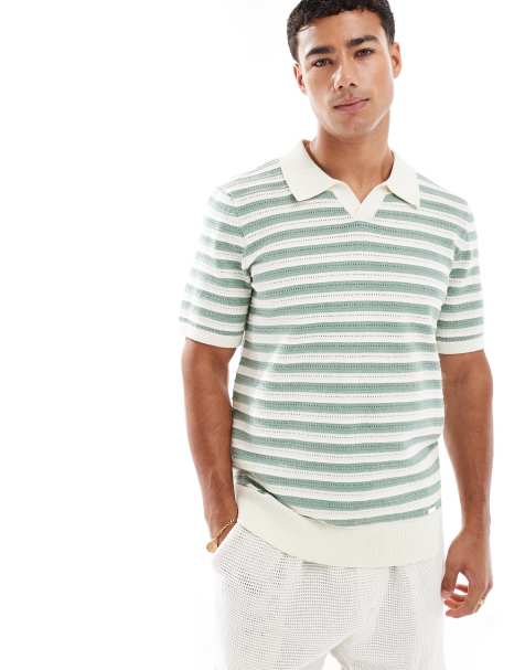 Threadbare cotton-rich short sleeve knitted stripe polo top in ecru and green - view 1