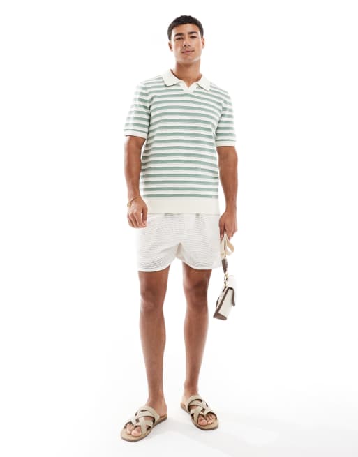 Threadbare cotton rich short sleeve knitted stripe polo top in ecru and green, 2 of 4
