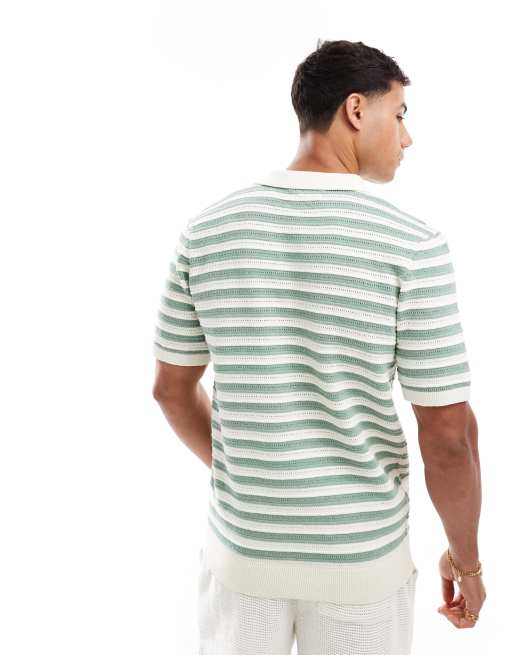 Threadbare cotton rich short sleeve knitted stripe polo top in ecru and green, 3 of 4