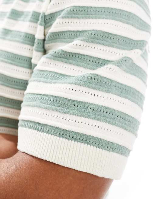 Threadbare cotton rich short sleeve knitted stripe polo top in ecru and green, 4 of 4