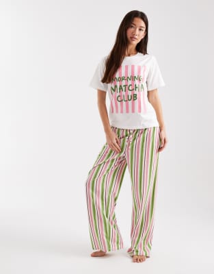 Threadbare Cotton Rich Striped Pajama Set With Matcha Print In Multi