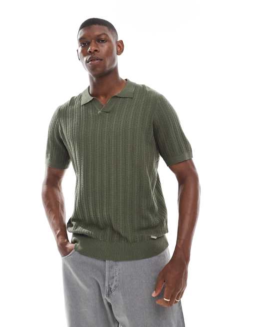 Threadbare cotton rich textured knit polo top in khaki
