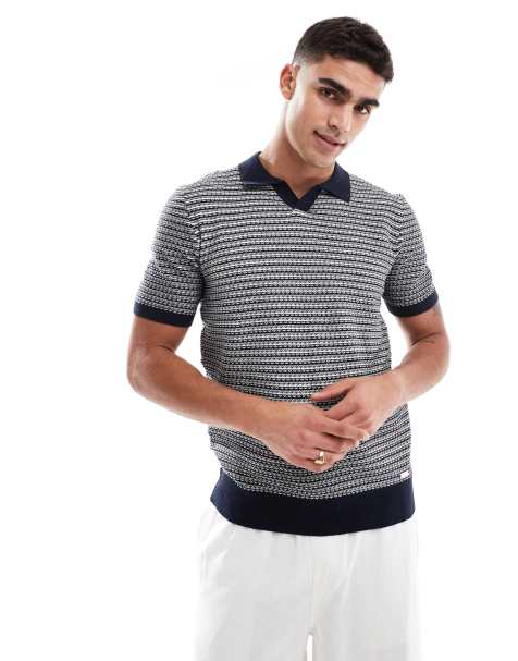 Threadbare cotton rich textured knit polo top in navy and ecru - view 1