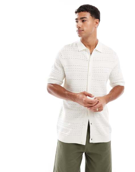 Threadbare cotton-rich textured knitted button-down shirt in ecru - view 1