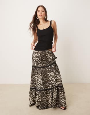 cotton rich tiered boho maxi skirt in leopard print-Multi