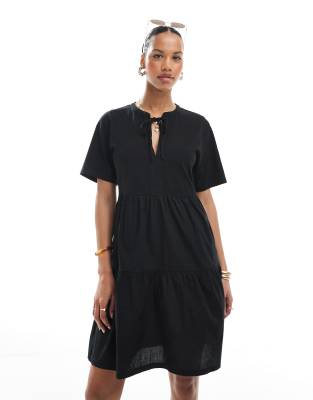 cotton rich tiered short sleeve mini dress with keyhole detail in black