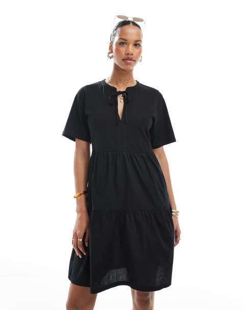 Threadbare cotton rich tiered short sleeve mini dress with keyhole detail in black - view 1