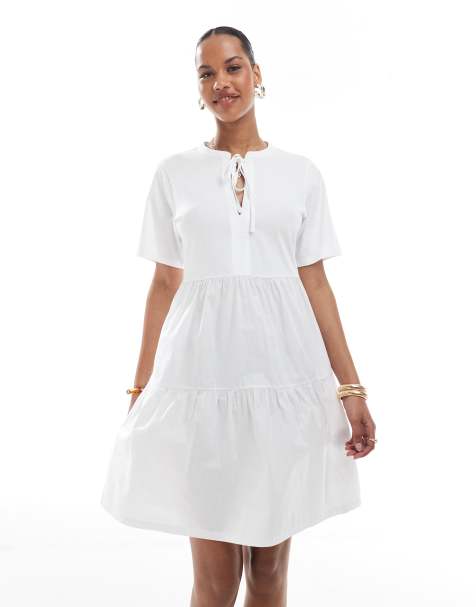 Threadbare cotton rich tiered short sleeve mini dress with keyhole detail in white - view 1