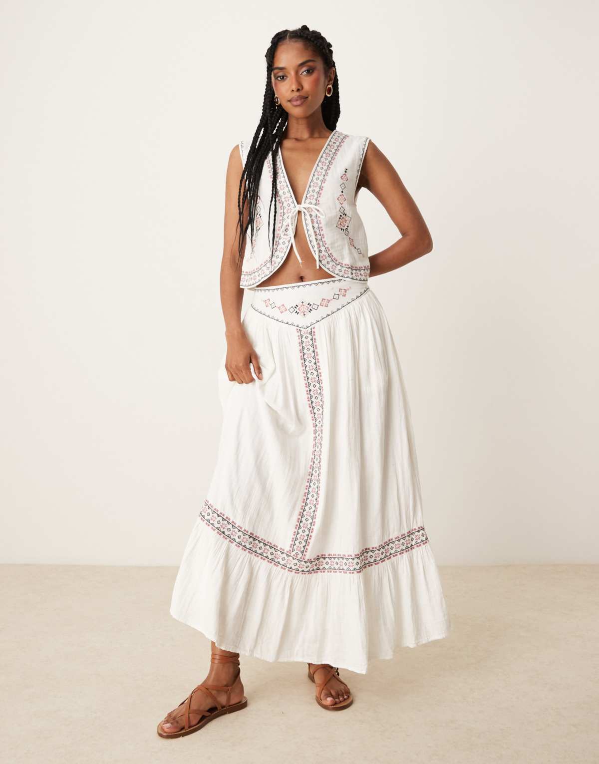Threadbare cotton rich woven co-ord maxi skirt with embroidery in cream