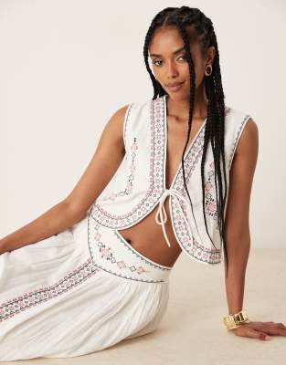 Threadbare Threadbare cotton rich woven co-ord tie waistcoat with embroidery in cream-White